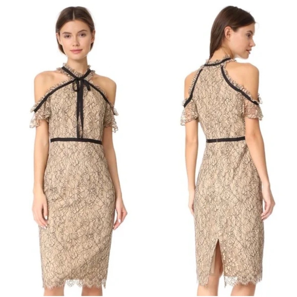 SHOSHANNA Nude Aleah Lace Cold Shoulder Dress  Beige Black Tie Bow Size 10